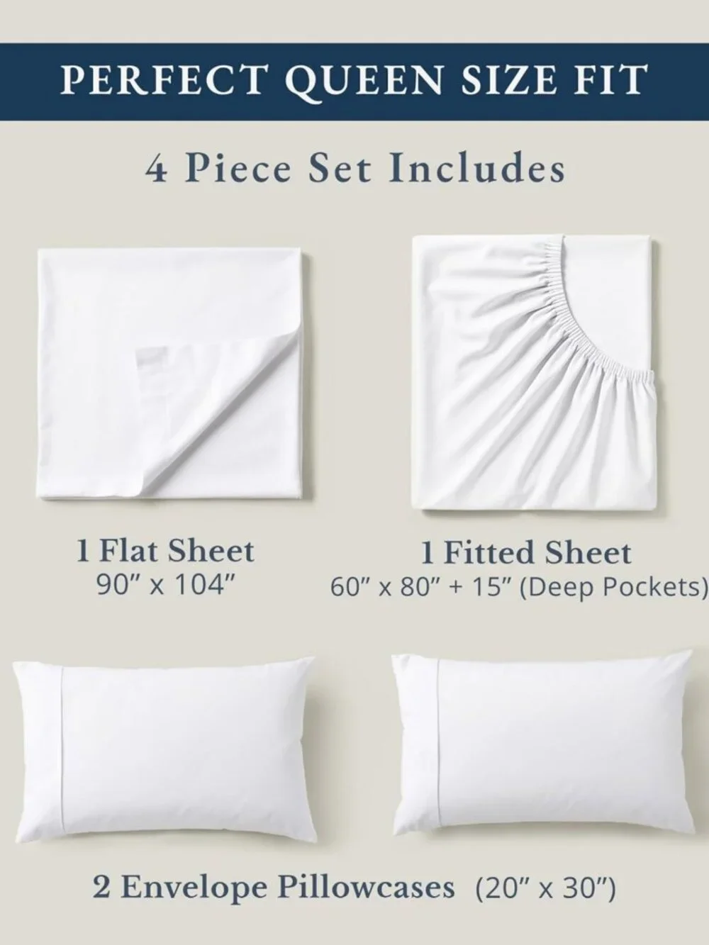 Queen Size 4pc Organic Cotton Linen Sheets Set - Cooling Percale, White